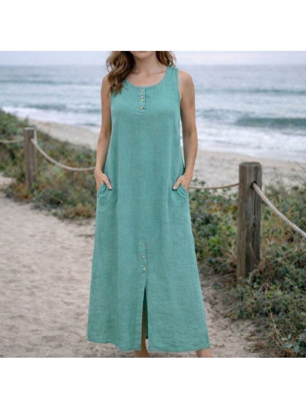 Sleeveless Seafoam Linen Maxi Dress with Front Buttons, Pockets